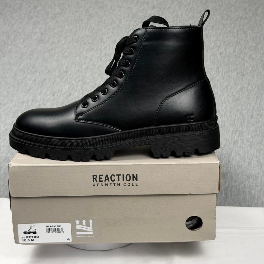 Kenneth Cole Reaction Petro Mens Black Combat Boots Side Zip Lug Sole 10.5 M
